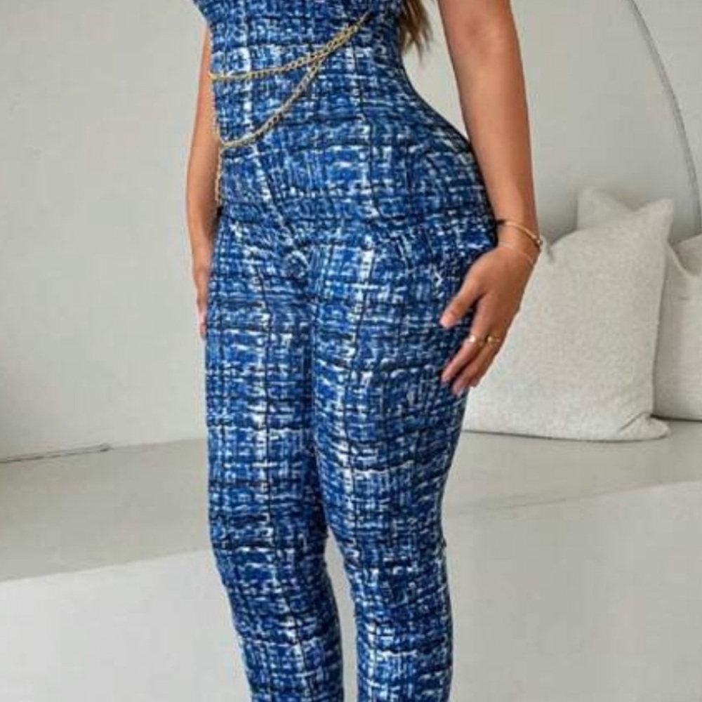 SHEIN Blue Tweed-Print Skinny Jumpsuit